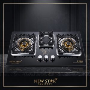 Heavy Automatic Ignition 3‑Burner Luxury Gas Stove – Premium Black Glass Top with Golden Rings