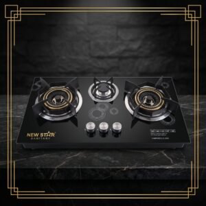 Glass 3‑Burner Gas Stove – Heavy Automatic Ignition with C.P. Brass Gas Inlet System