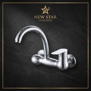Chrome Wall‑Mounted Faucet – Single Lever with Curved Spout (Gold Logo Edition)