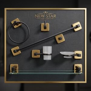 New Star Sanitary Premium Bathroom Accessories Set – Black & Gold Modern Design