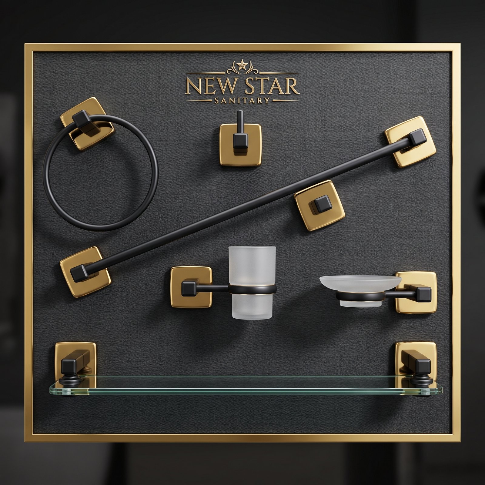 New Star Sanitary Premium Bathroom Accessories Set – Black & Gold Modern Design