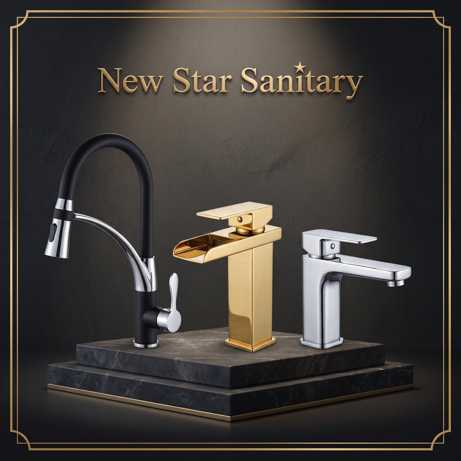 Faucet Collection – Black & Chrome Pull‑Down, Gold Waterfall, and Silver Modern Designs