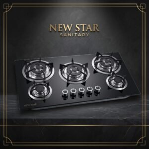 5‑Burner Black Glass Gas Stove – Heavy Automatic Ignition with Modern Luxury Design