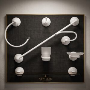 White Bathroom Accessories Set – Towel Ring, Bar, Hook, Toothbrush Holder, Soap Dish & Glass Shelf
