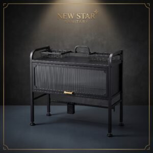 New Star Sanitary Premium Black Vanity Stand – Modern Ribbed Design with Gold Handle