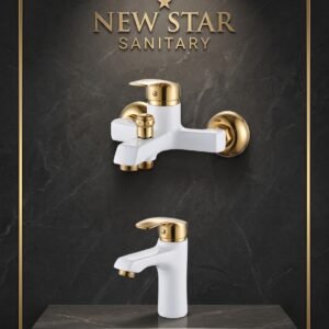 New Star Sanitary Luxury White & Gold Wall Mixer and Basin Faucet Set – Premium Modern Bathroom Fixtures