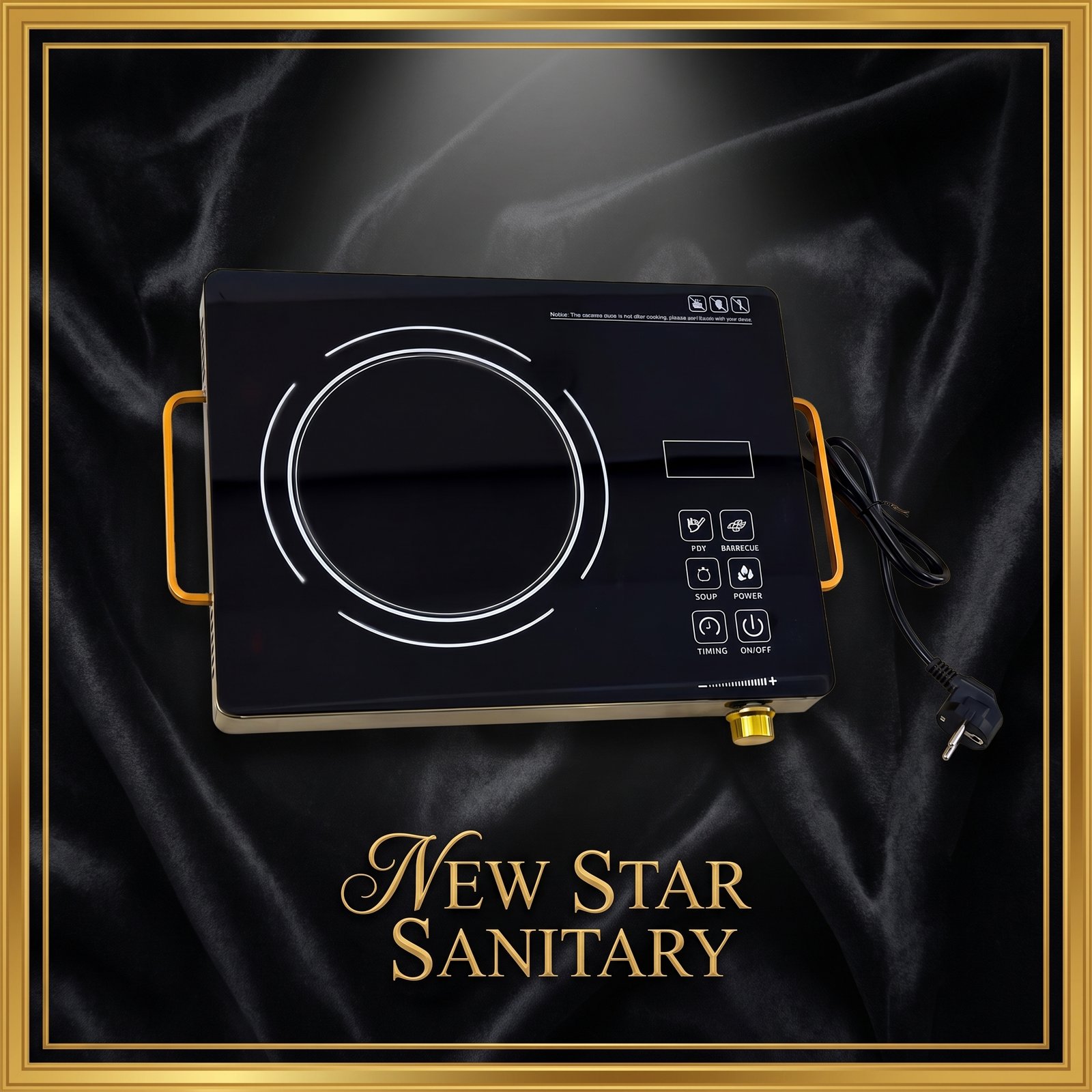 New Star Sanitary Premium Electric Stove – Glossy Black Surface with Gold Handles