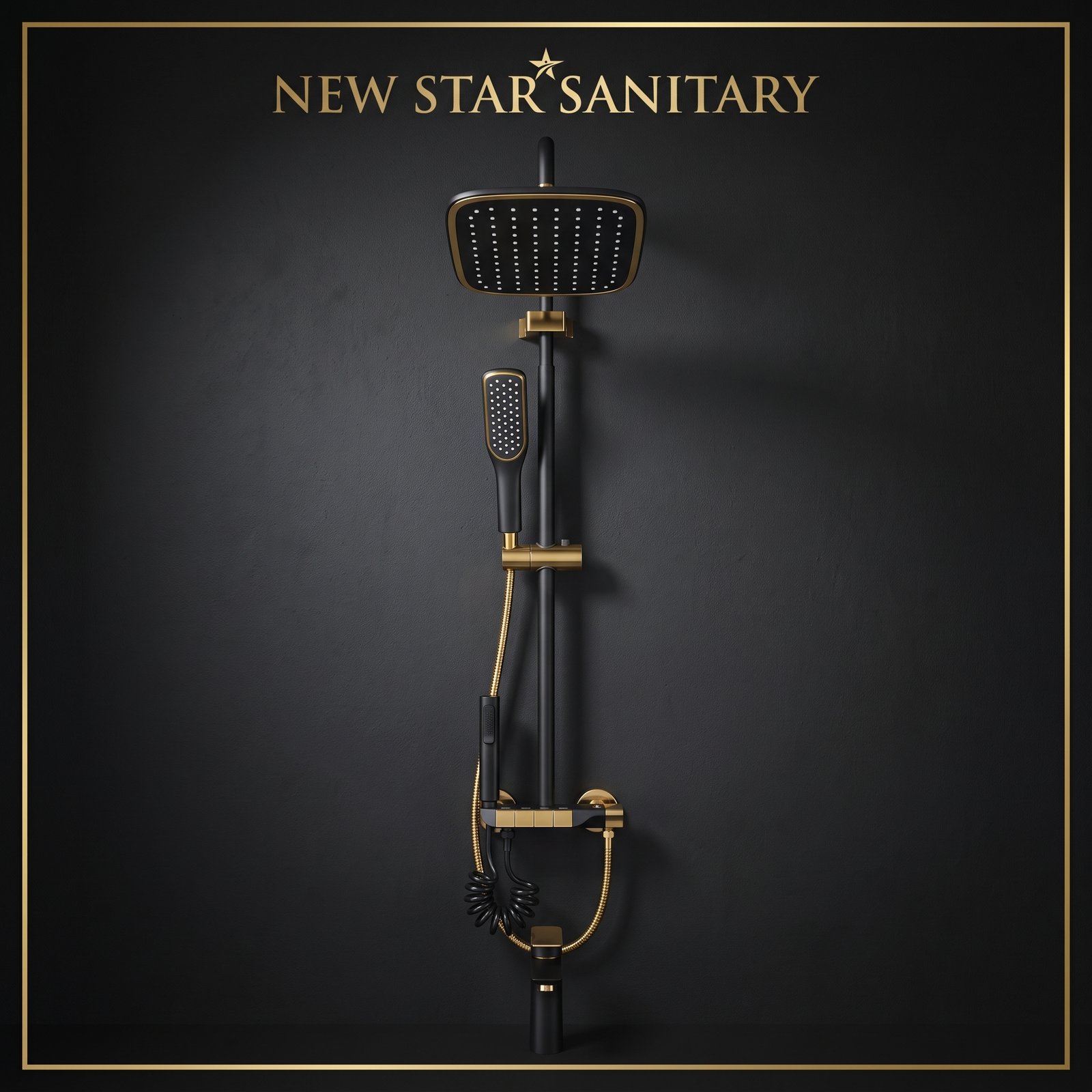 New Star Sanitary Luxury Matte Black & Gold Shower System – 3-Function Rainfall Shower Set with Handheld & Bidet Sprayer