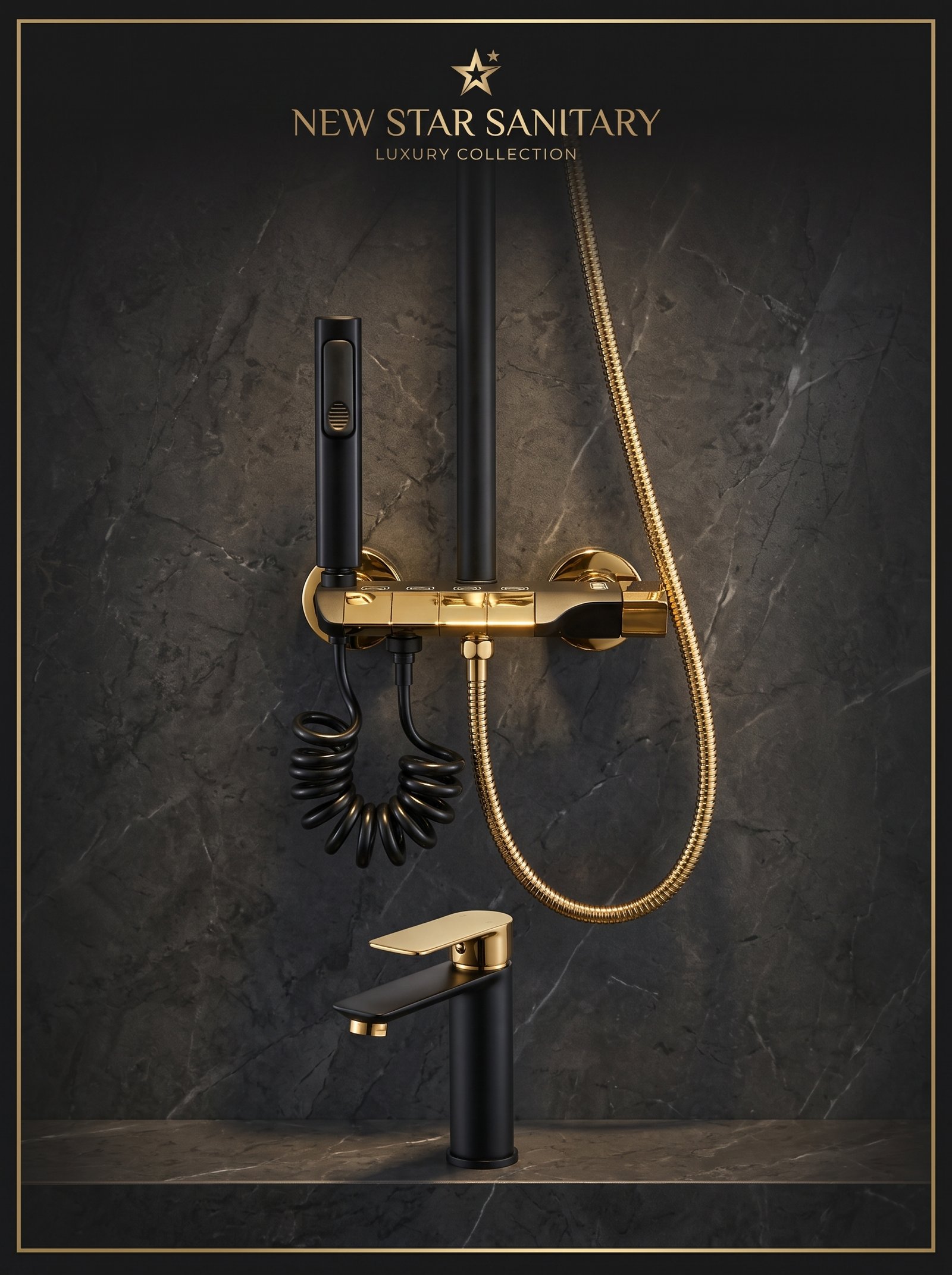 New Star Sanitary Luxury Matte Black & Gold Shower System – 3-Function Rainfall Shower Set with Handheld & Bidet Sprayer - Image 2