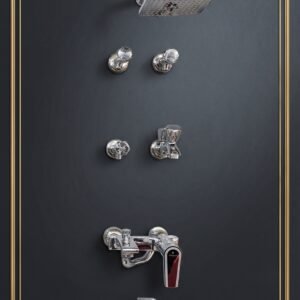 New Star Sanitary Modern Chrome Bathroom Set – Square Showerhead, Wall Mixer with Red Accent & Basin Faucet